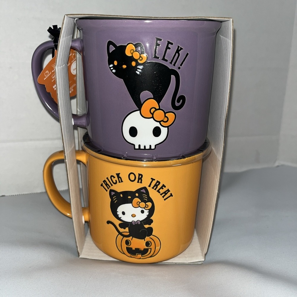Hello Kitty Orange Halloween Trick Or Treat Mug Set With Black Cat Purple Mug